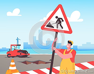 Roadwork and Asphalt Paving Concept. Worker Man Character in Orange Overall Set Up Warning Road Sign and Traffic Cones Vector Illustration