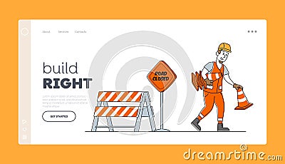 Roadwork and Asphalt Paving Landing Page Template. Worker Man Character in Overall Put Traffic Cone Vector Illustration