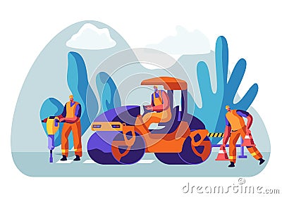 Roadwork and Asphalt Paving. Men in Overall Characters with Heavy Asphalting Machinery. Special Transport, Pavement Compactor Vector Illustration