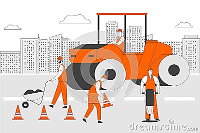 Roadwork and Asphalt Paving. Men in Overall with Heavy Asphalting Machinery. Special Transport, Pavement Compactor Vector Illustration