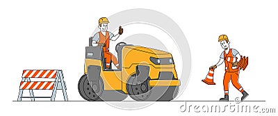 Roadwork and Asphalt Paving. Workers Characters in Overall with Heavy Asphalting Machinery. Special Transport Vector Illustration