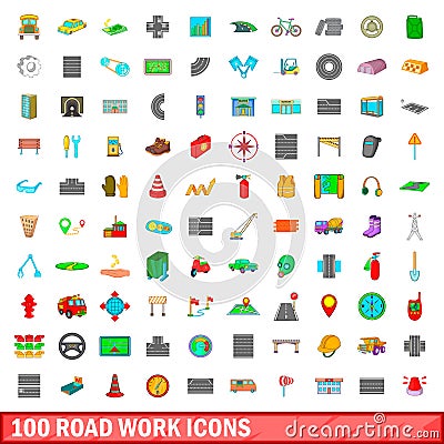 100 roadwork icons set, cartoon style Vector Illustration