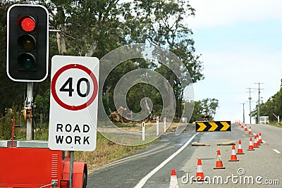 Roadworks with speed limit Stock Photo