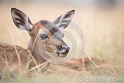 roan antelope calf lying in the grass Stock Photo