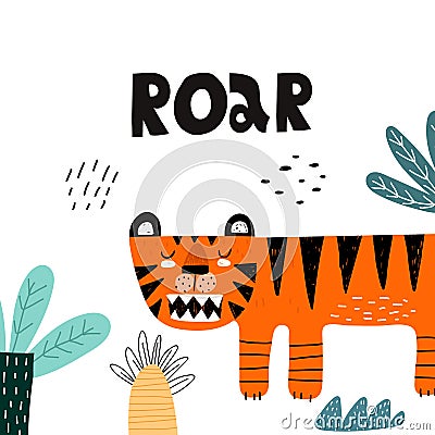 Roar. cartoon tiger, palm trees, bushes, hand drawing lettering, decor elements. flat style, colorful vector for kids. Vector Illustration
