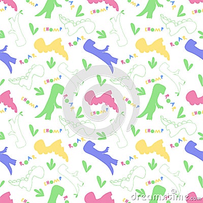Roar and chomp. Dino pattern. Creative seamless tile with dinosaurs and letter in scandinavian style. Dino print textile. Vector Illustration