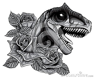 monochromatic dinosaur and roses frame. vector design. Concept art drawing. Vector Illustration