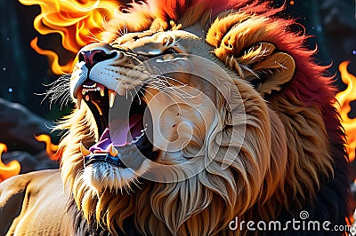 roaring fantasy lion, mane ablaze with flames, surrounded by mystical glowing lights mid-roar Stock Photo