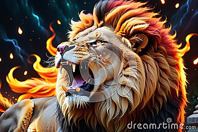 roaring fantasy lion, mane ablaze with flames, surrounded by mystical glowing lights mid-roar Stock Photo