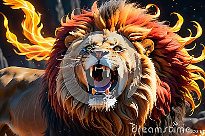 roaring fantasy lion, mane ablaze with flames, surrounded by mystical glowing lights mid-roar Stock Photo