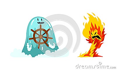 Roaring Fire and Water Fantastic Elemental Creature with Steering Wheel Vector Set Vector Illustration