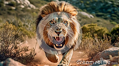 A charging lion advances, in a ferocious attack stance. Generative AI Stock Photo