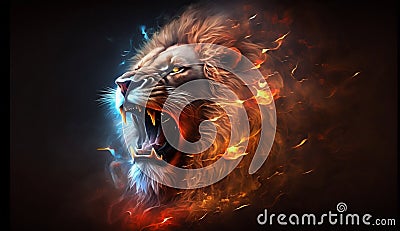 Roaring Mighty Fantasy Lion with Flames and Glowing Aura. Generative ai Cartoon Illustration