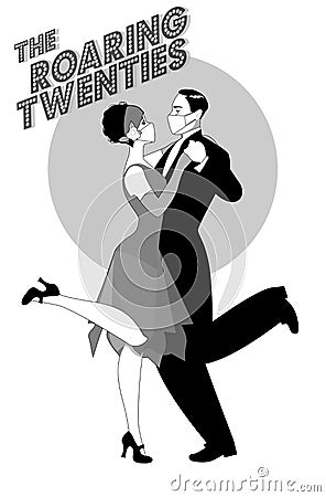 Roaring Twenties. Couple dancing charleston wearing retro clothes and face mask Vector Illustration