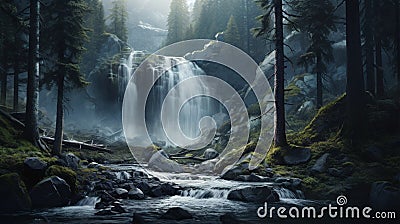 A roaring waterfall merging with a dense misty forest Stock Photo