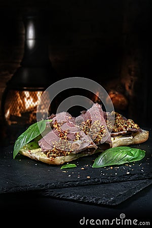 Roast Beef and Course Grain Mustard Sandwich Stock Photo