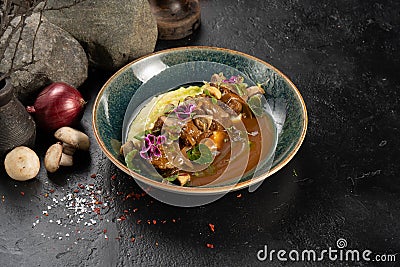 Roast beef with mashed potatoes and demiglas sauce Stock Photo
