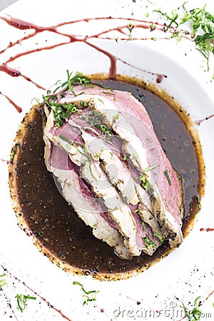 Roast beef modern fusion gourmet food cuisine meal Stock Photo