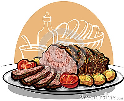 Roast beef with potatoes Vector Illustration