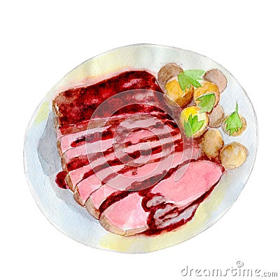 The roast beef with potatoes on dish, watercolor illustration in hand-drawn style. Cartoon Illustration