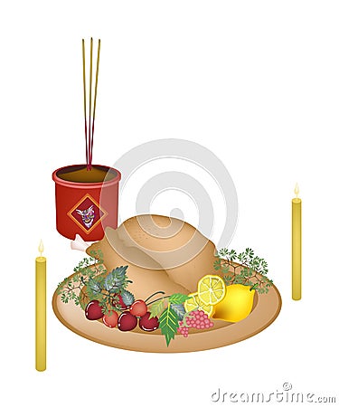 Roast Chicken with Fruits for New Year Worship Vector Illustration