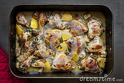 Roast Chicken with Lemon Garlic and Thyme Stock Photo