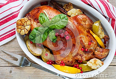 Roast duck with apples, lemon, garlic, cranberries Stock Photo