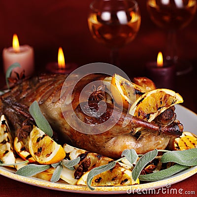 Roast duck with orange Stock Photo