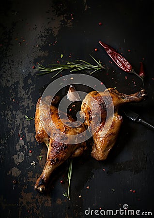 Roast Gourmet Chicken Legs with Garlic and Rosemary Stock Photo