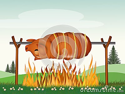 Roast pork in the meadow Cartoon Illustration