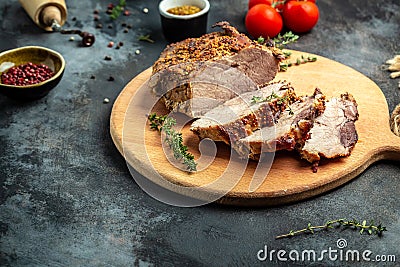 Roast pork. Big Piece of Slow Cooked Oven-Barbecued Pulled Pork shoulder with mustard and thyme. banner, menu recipe place for Stock Photo