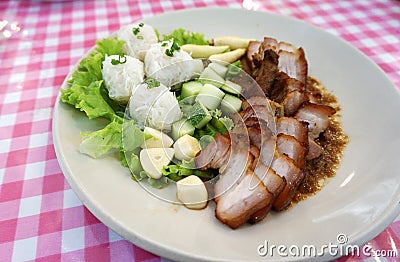 Roast pork with Vermicelli and fresh vegetable Stock Photo