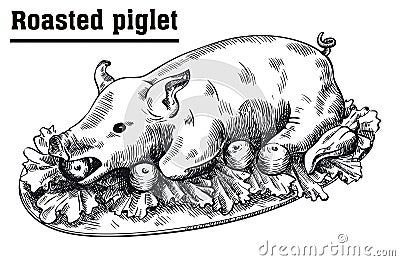 Roast suckling pig. Roasted piglet with vegetables on platter. Vector Illustration