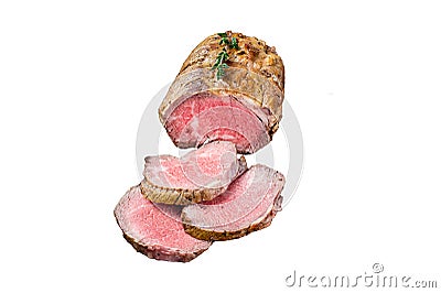 Roast Tenderloin beef fillet meat Isolated on white background, top view. Stock Photo