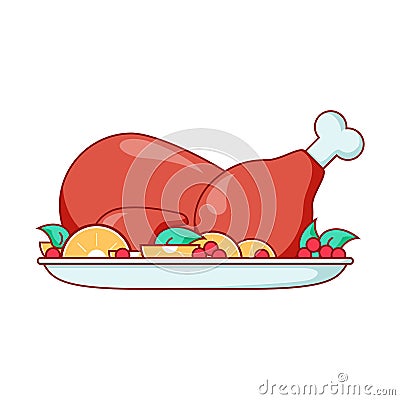 Roast turkey or chicken icon, flat cartoon illustration. Thanksgiving day dinner. Cartoon Illustration