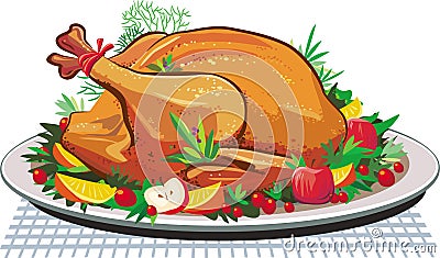 Roast turkey on the plate Vector Illustration