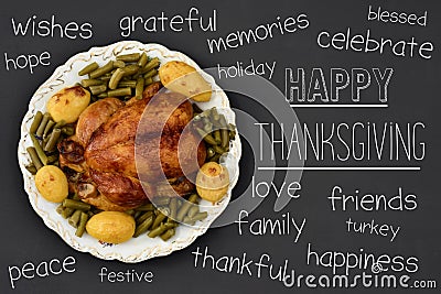 Roast turkey and text happy thanksgiving Stock Photo