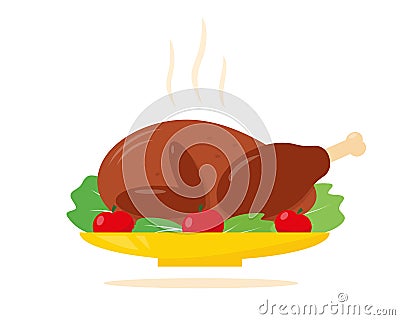 Roast turkey for Thanksgiving or Christmas diner. Vector Illustration