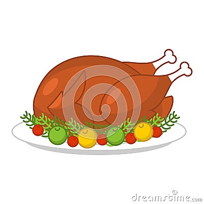 Roast turkey for Thanksgiving. Fowl on plate. Roast wildfowl wit Vector Illustration