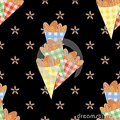 Roasted almond nuts in cute gingham paper bags vector seamless pattern background. Groups of confectionery sweets on Vector Illustration