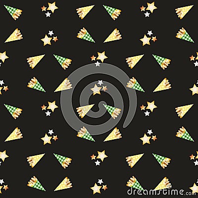 Roasted almond nuts in gingham bags vector seamless pattern background. Confectionery, festive trees, gold stars black Vector Illustration