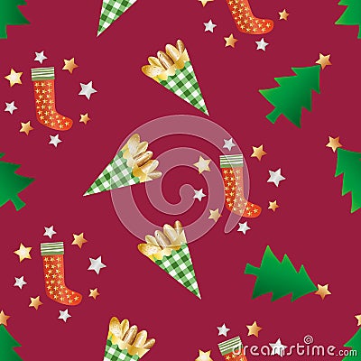 Roasted almond nuts in gingham paper bags vector seamless pattern background. Golden confectionery, festive stockings Vector Illustration