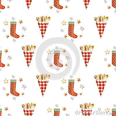 Roasted almond nuts in gingham paper bags vector seamless pattern background. Golden confectionery, festive stockings Vector Illustration