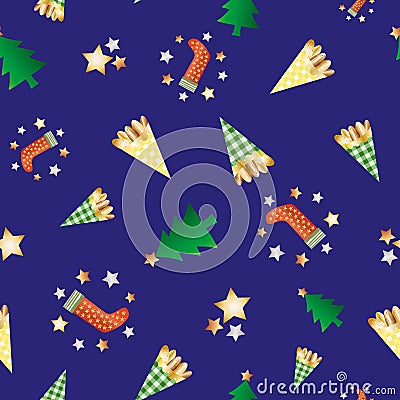 Roasted almond nuts in gingham paper bags vector seamless pattern background. Golden confectionery, festive stockings Vector Illustration