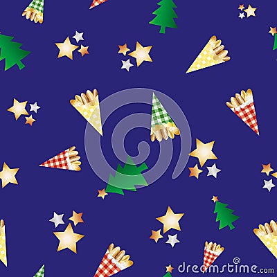 Roasted almond nuts in gingham paper bags vector seamless pattern background. Golden confectionery, festive trees, stars Vector Illustration