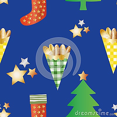 Roasted almond nuts in gingham paper bags vector seamless pattern background. Golden confectionery, festive trees, stars Vector Illustration