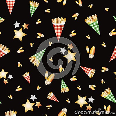 Roasted almond nuts in gingham paper bags vector seamless pattern background. Golden confectionery sweets and stars Vector Illustration