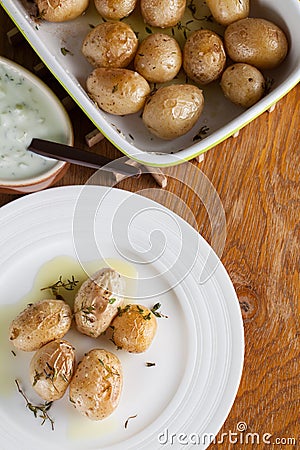 Roasted baby potatoes with thyme Stock Photo