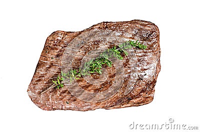 Roasted medium rare flank beef steak with thyme. Isolated, white background. Stock Photo