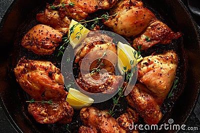 Roasted boneless skinless chicken thighs in lemon and thyme dressing served in vintage cast iron skillet, frying pan Stock Photo